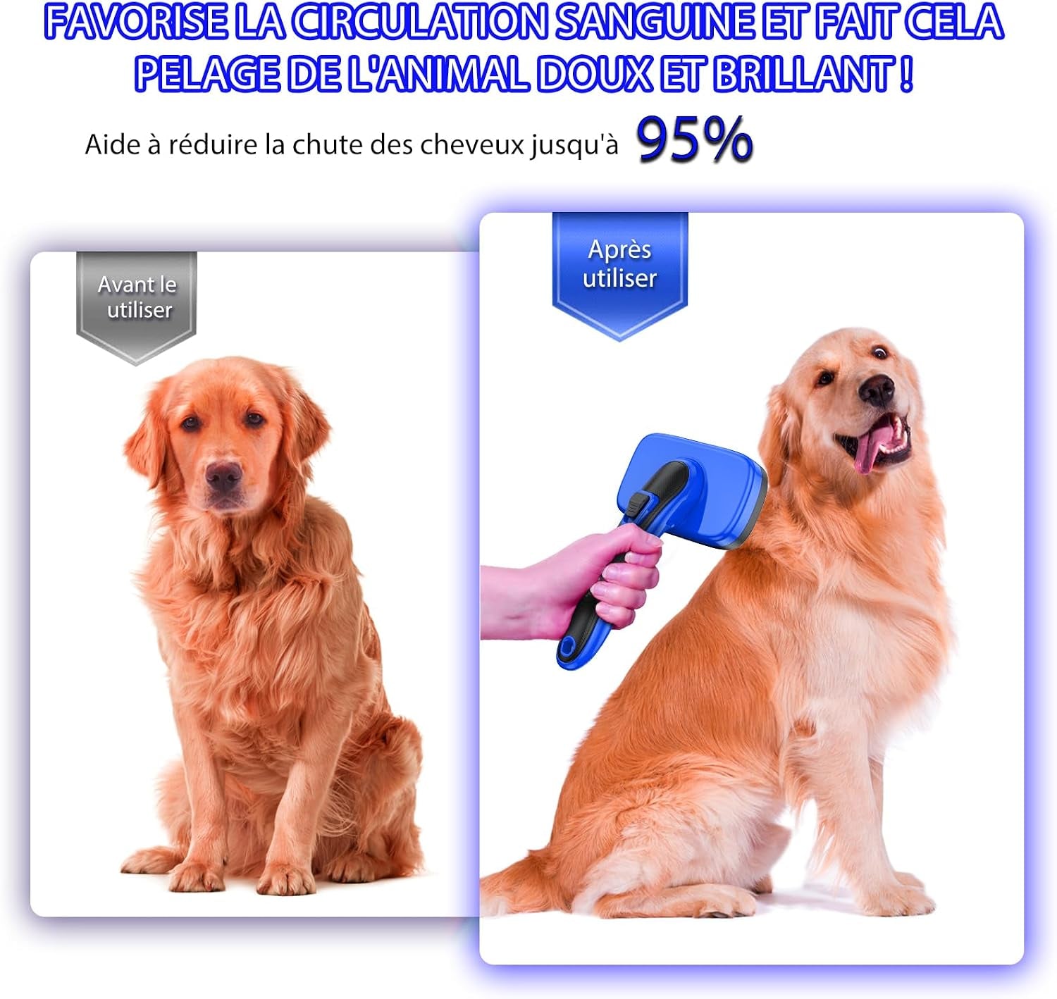 Brosse Autonettoyante Pour Chiens Et Chats Pour La Mue Et Le Toilettage De Toutes Les Races D'Animaux De Compagnie, Élimine Les Poils Morts, Les Sous-Poils, Les Tapis Et Les Poils Emmêlés,Bleu
