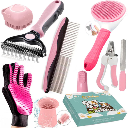 Kit Toilettage Chien Et Chat 9 Pièces, Rose - Gant Poil Chat, Brosse Autonettoyante Et Accessoires - Set Toilettage Du Chien Avec Brosse Bain À Savon, Lave Patte Silicone Et Coupe Ongles