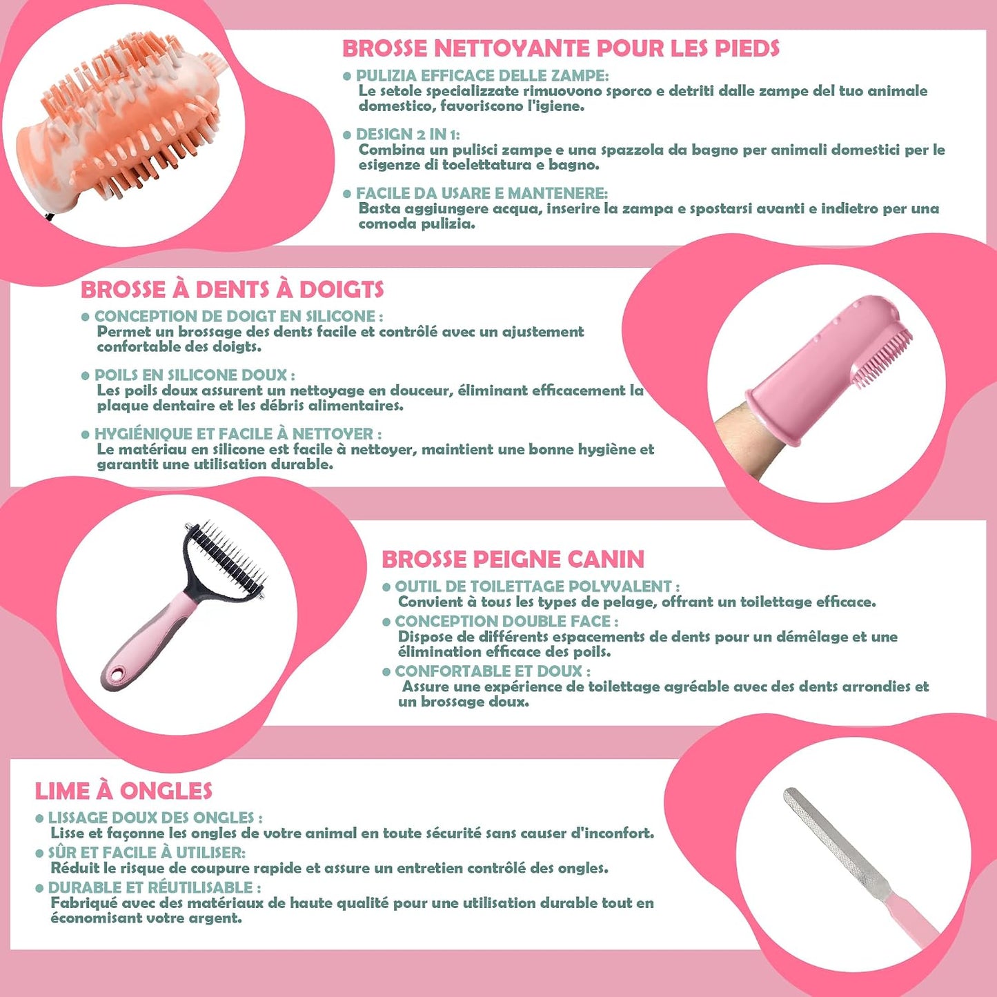 Kit Toilettage Chien Et Chat 9 Pièces, Rose - Gant Poil Chat, Brosse Autonettoyante Et Accessoires - Set Toilettage Du Chien Avec Brosse Bain À Savon, Lave Patte Silicone Et Coupe Ongles