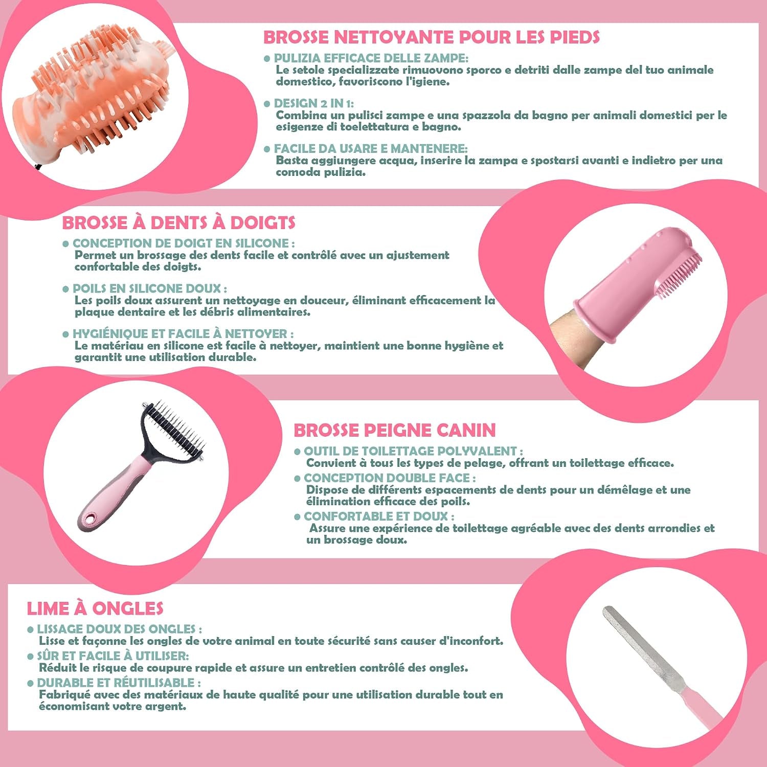 Kit Toilettage Chien Et Chat 9 Pièces, Rose - Gant Poil Chat, Brosse Autonettoyante Et Accessoires - Set Toilettage Du Chien Avec Brosse Bain À Savon, Lave Patte Silicone Et Coupe Ongles
